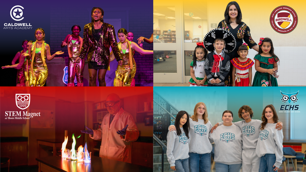 A collage graphic showcasing the four magnet schools in Tyler ISD: Caldwell Arts Academy, Birdwell Dual Language Immersion School, STEM Magnet at Moore Middle School, and Early College High School. Each section features photos of students smiling at each campus, and Moore Middle School shows a teacher during a multi-colored flame science experiment. 