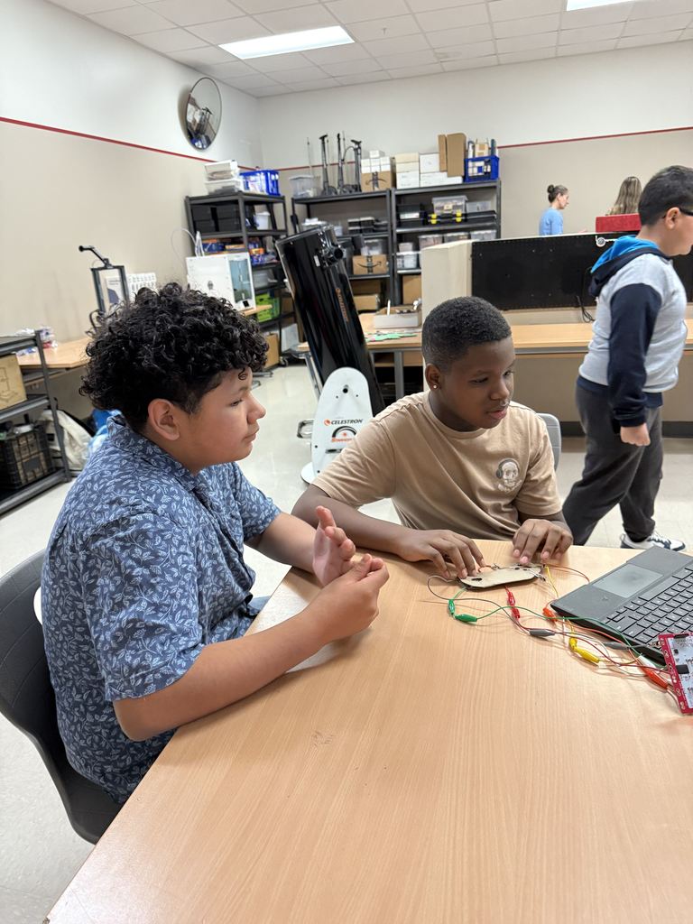 Two boys are using a circuit board and a computer.