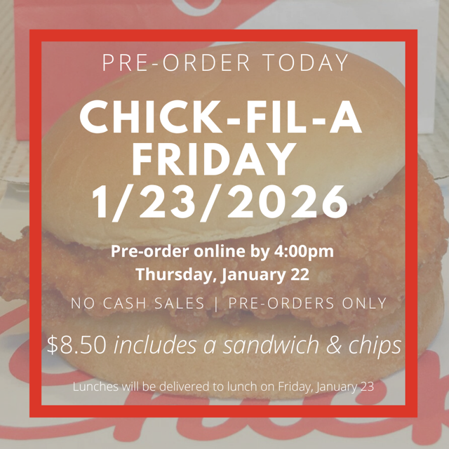 Don't forget to order your Chick-Fil-A by Thursday at 4pm for THIS FRIDAY'S Chick-Fil-A Friday! What a perfect way to end a 4-day week! Pre-order at https://my.cheddarup.com/c/tyler-legacy-pta-november-2025-copy