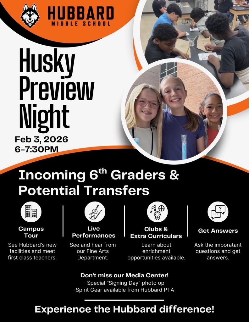 poster advertising Husky Preview Night containing information. Contact Hubbard MS at 903-262-1560 for more details.