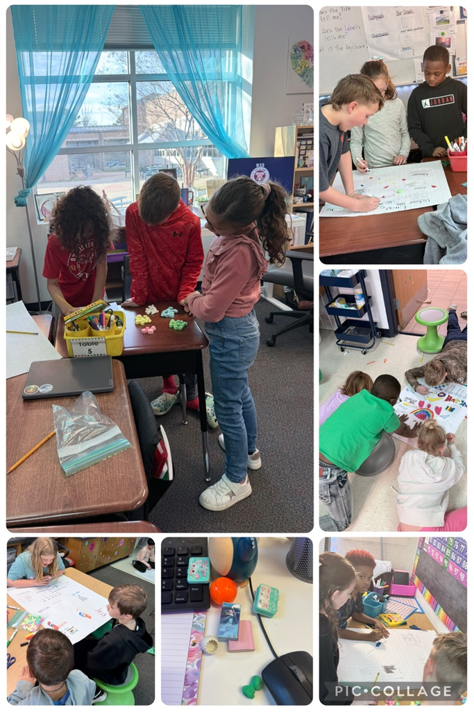Students working in groups graphing lucky charm marshmallows  