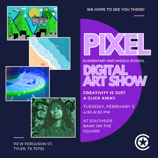 PIXEL Elementary and Middle School Digital Art Show is tomorrow, Tuesday, February 3rd from 4:30-6:30 at Southside Bank on the Square 