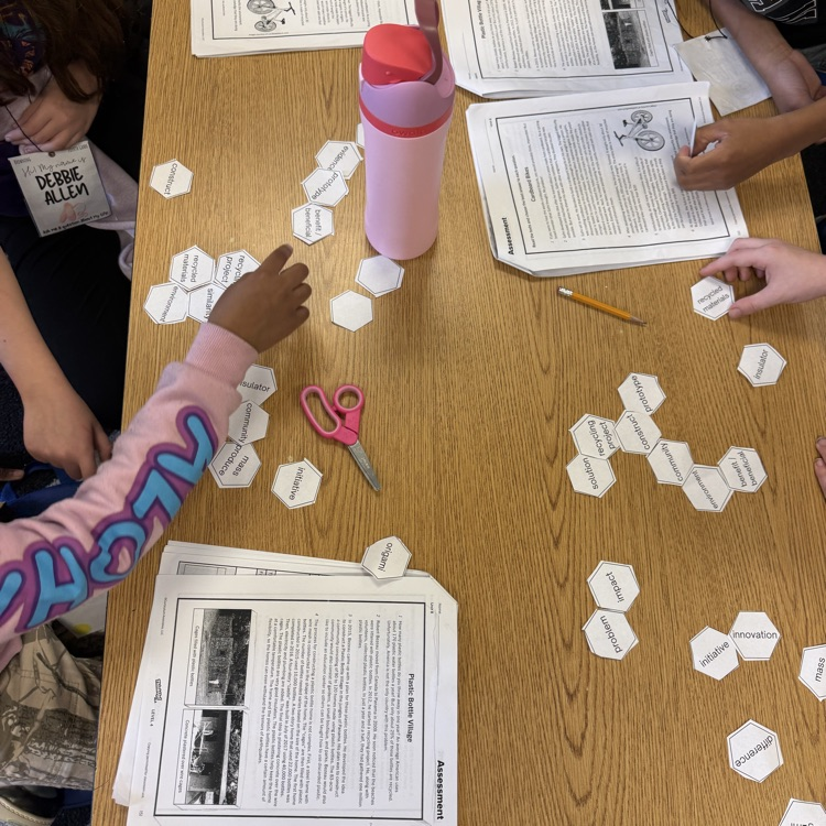 students completing a hexagonal, thinking activity. Making connections with ideas and concepts with hexagons.