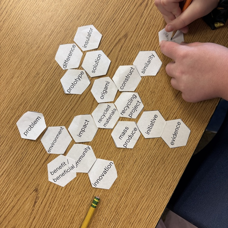students completing a hexagonal, thinking activity. Making connections with ideas and concepts with hexagons.