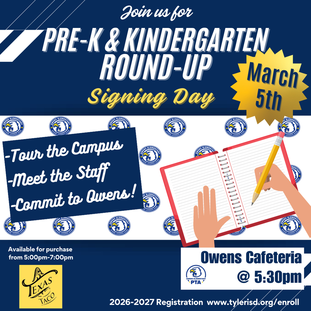 Pre-K and Kindergarten Round-Up, March 5th, 5:30pm.