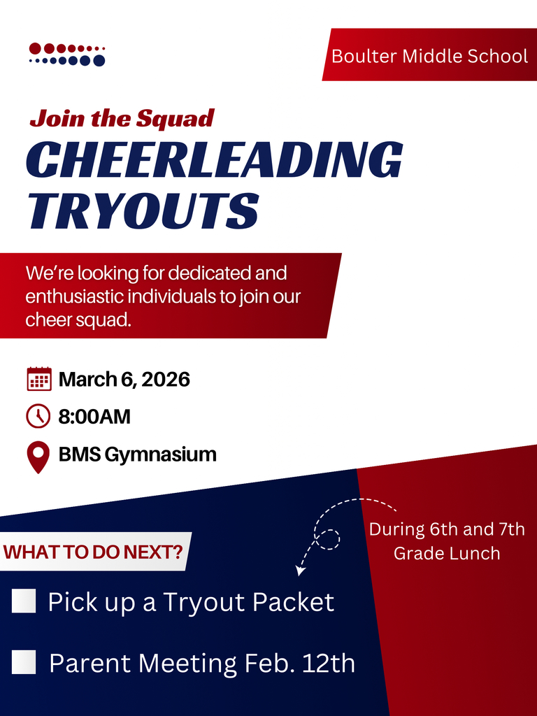 Cheerleading tryouts will be March 6th at 8 am in the Boulter Gym.