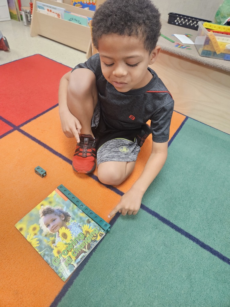 Kindergarten students using blocks to measure classroom items.