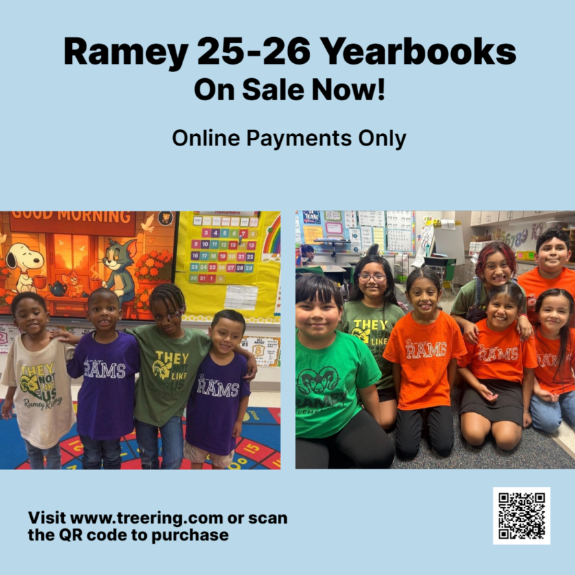 Ramey 25-26 Yearbooks on sale now! online payments only. Visit www.treering.com or scan the QR code to purchase. Two photos of children smiling in small groups. QR code at bottom.