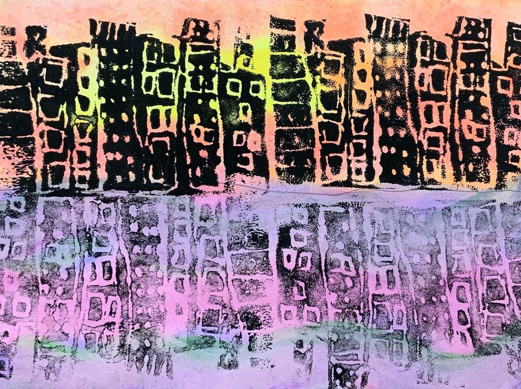 black buildings with a sunset behind them over a purple river art