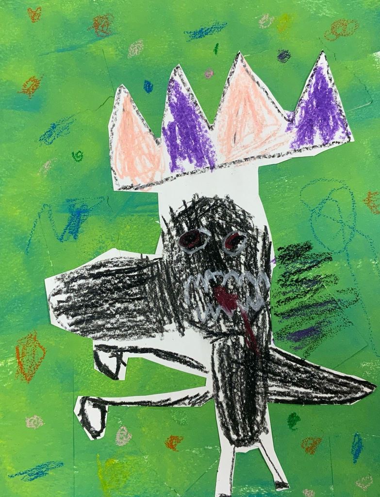 black animal with a crown on a green background art