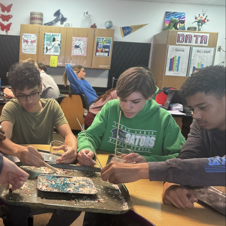 students engaged in a lab simulation at the teacher table 