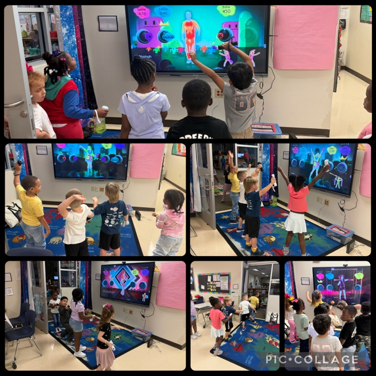 students dancing, playing board games, playing table tennis, and building with STEM bins