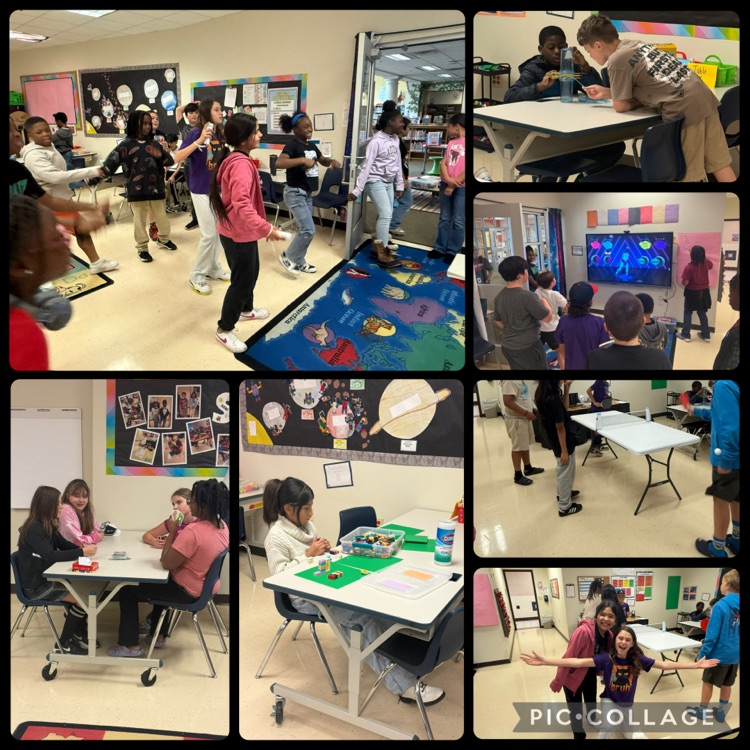 students dancing, playing board games, playing table tennis, and building with STEM bins