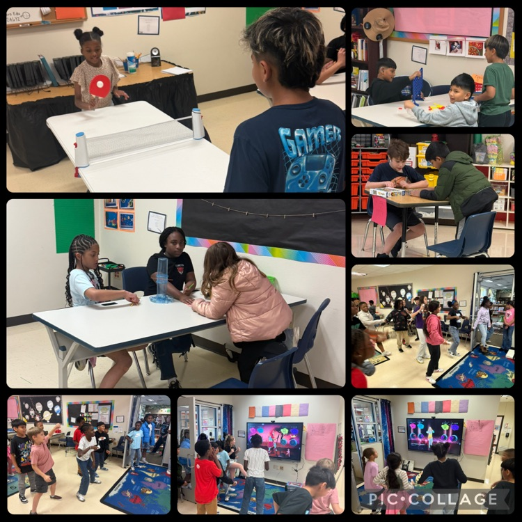 students dancing, playing board games, playing table tennis, and building with STEM bins