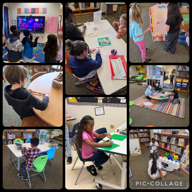 students dancing, playing board games, playing table tennis, and building with STEM bins