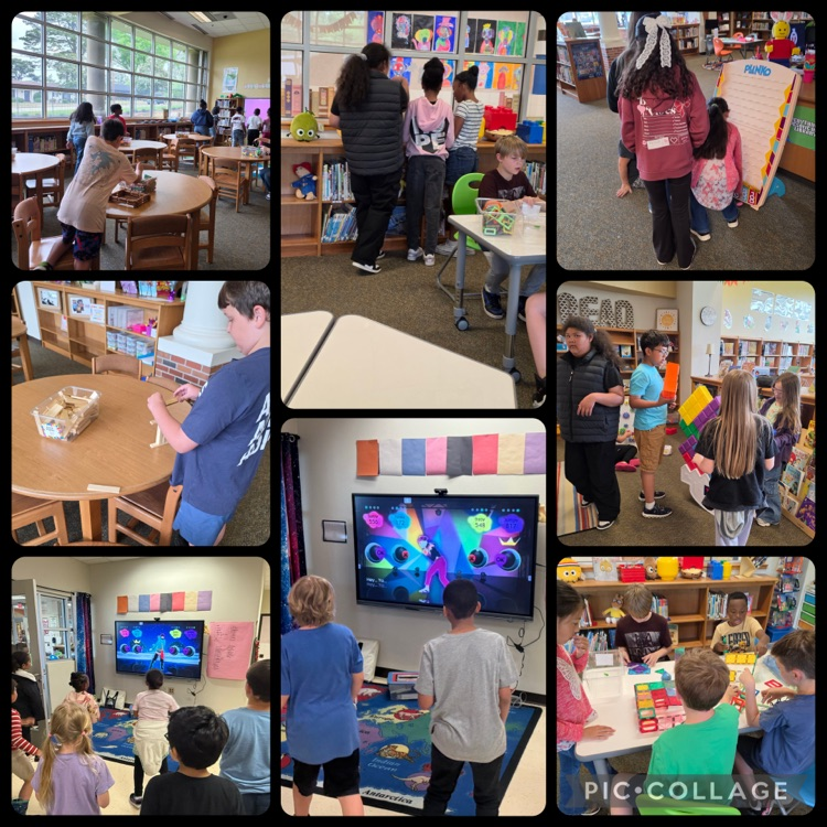 students dancing, playing board games, playing table tennis, and building with STEM bins