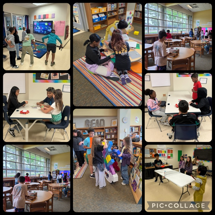 students dancing, playing board games, playing table tennis, and building with STEM bins