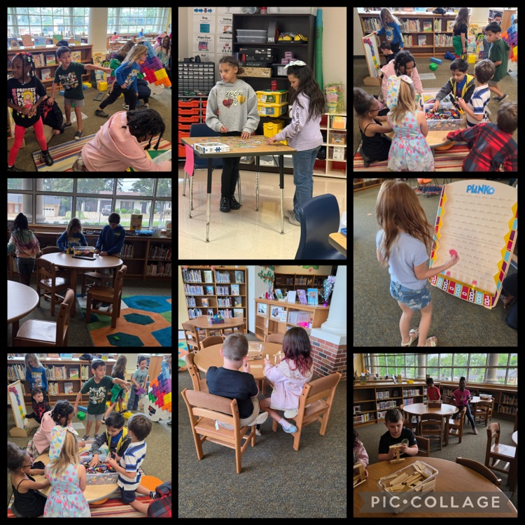 students dancing, playing board games, playing table tennis, and building with STEM bins