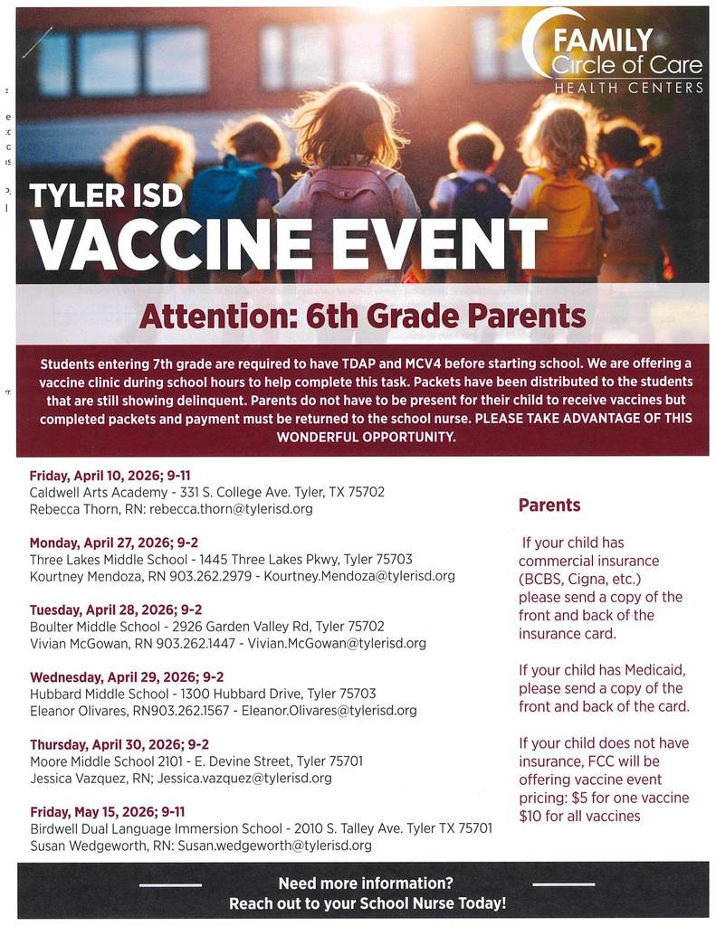 Tyler ISD Vaccine Event for 6th grade parents 