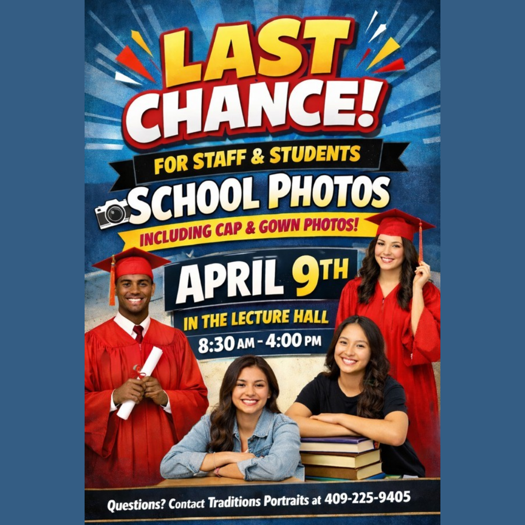 "Last chance! For staff & students School Photos April 9th In the Lecture Hall 8:30-4:00pm" with photos of students in red cap and gowns