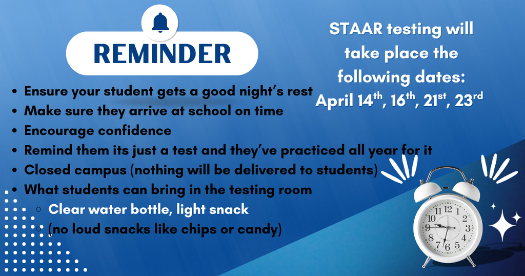 STAR Testing will take place on April 14th, 16th, 21st and 23rd.
