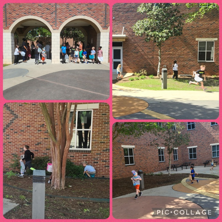 staff and students doing Easter egg hunt