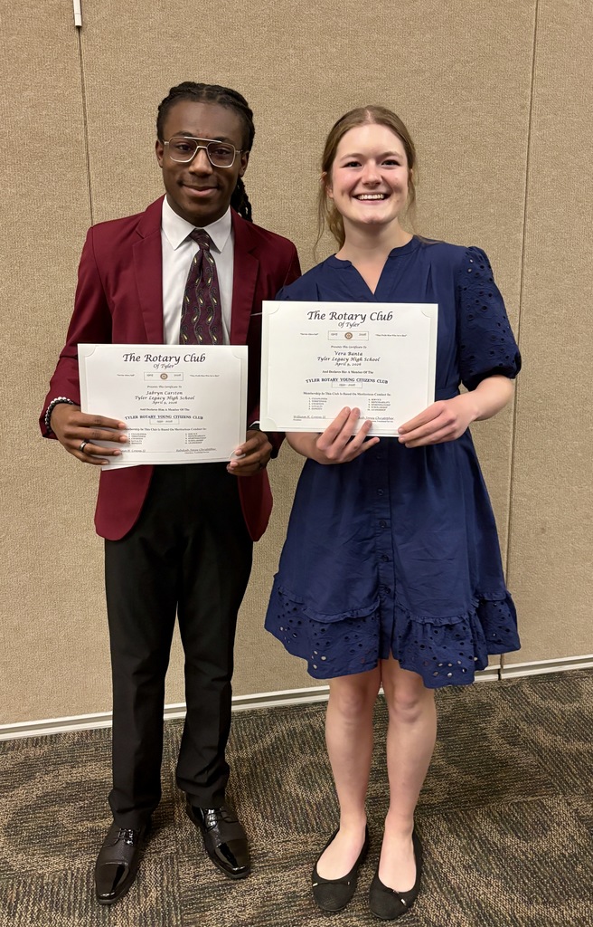 Tyler Legacy students, Jabryn Carston and Vera Banta with their Outstanding Citizenship award from Tyler Rotary Club