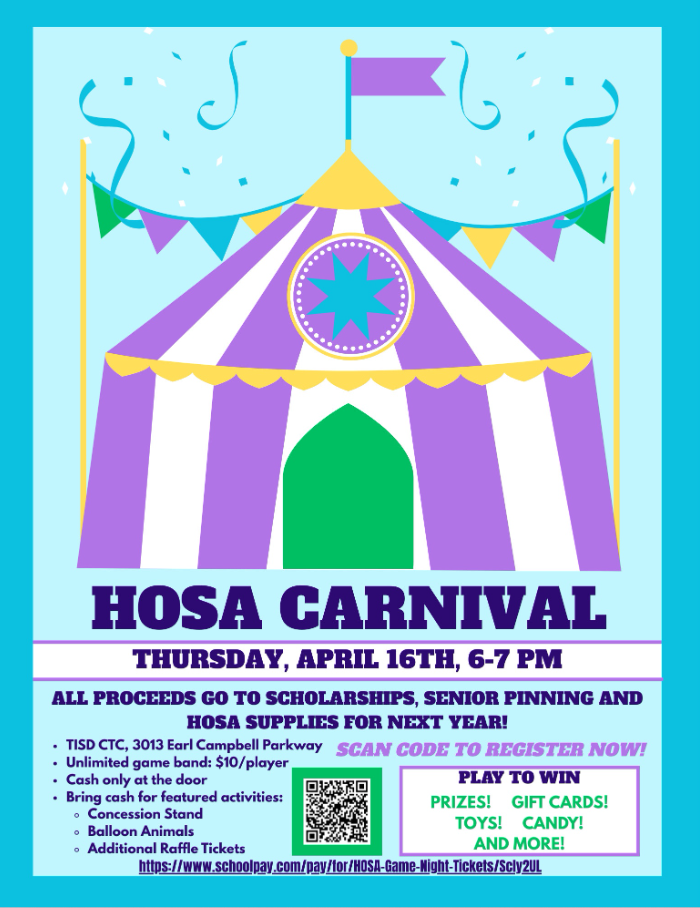 HOSA Carnival promotional poster providing information to registrants.