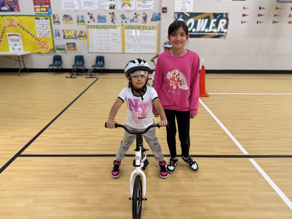 A girl on a bike and a girl standing next to her.