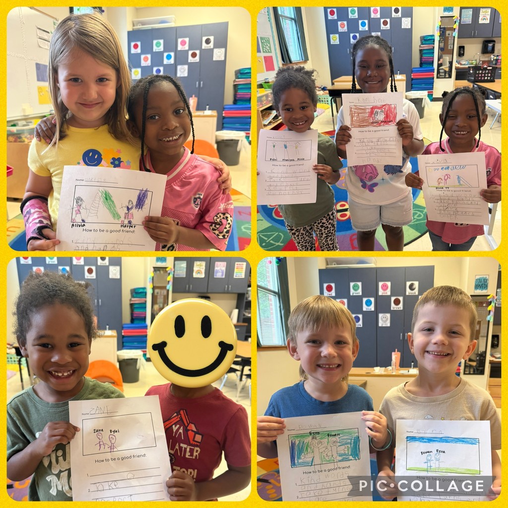 pre-k students showing their writing and their friends
