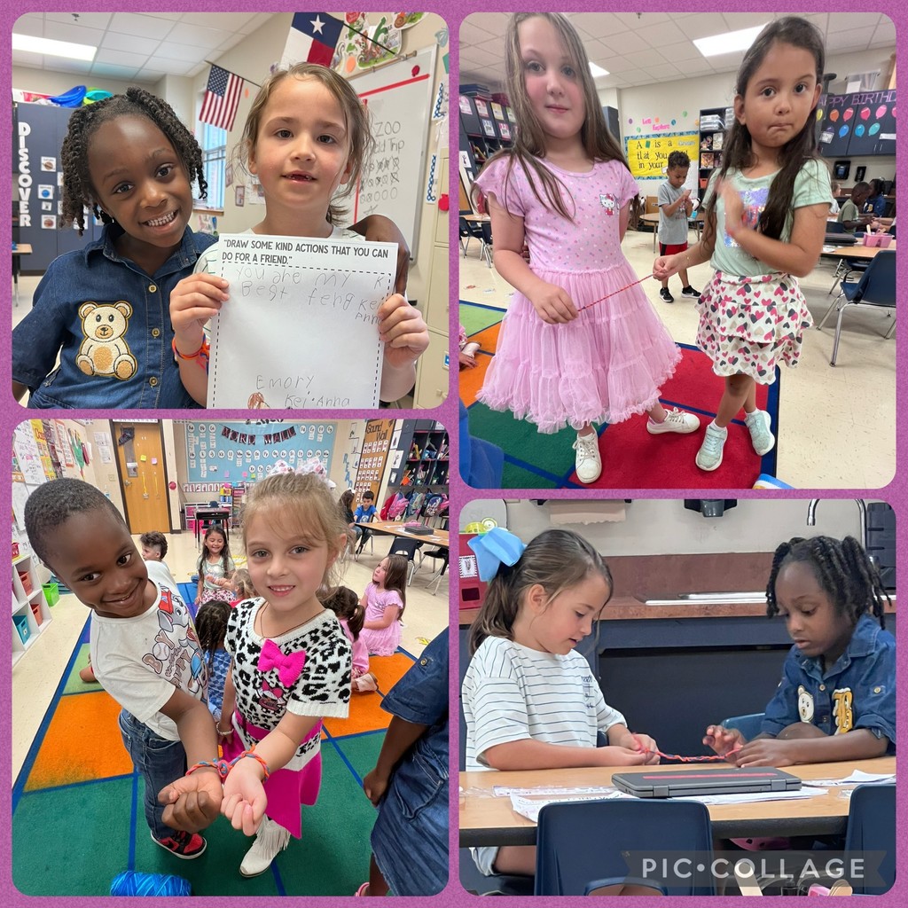 kindergarten students making friendship bracelets