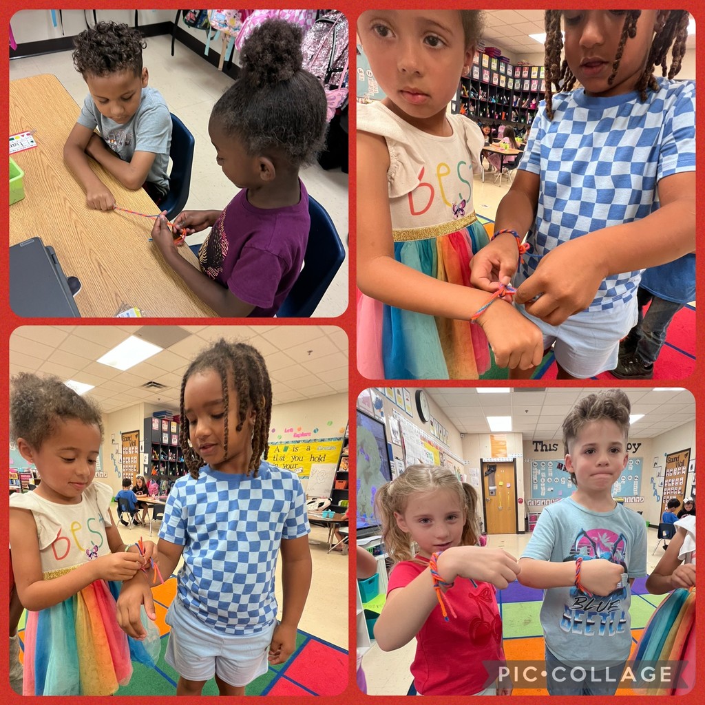 kindergarten students making friendship bracelets