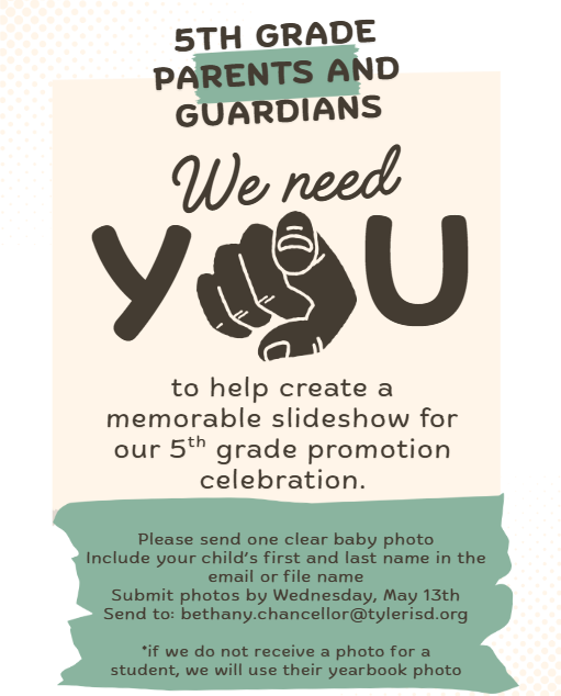 5th Grade parent/guardian flyer requesting photos for a promotion celebration slideshow