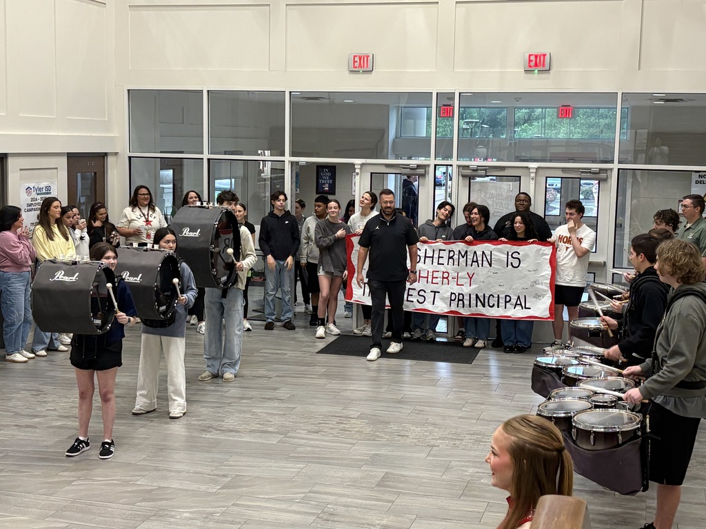 Tyler Legacy students giving Sherman a big Red Raider welcome when he got to school this morning