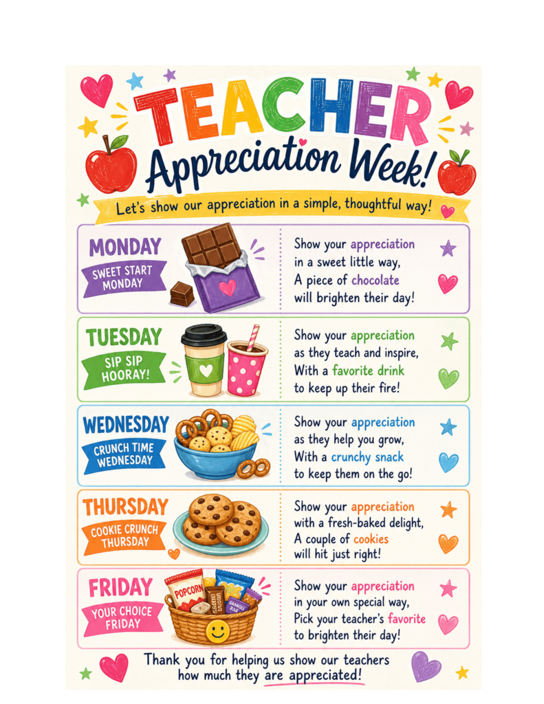 TEACHER Appreciation Week! Let’s show our appreciation in a simple, thoughtful way!  MONDAY Sweet Start Monday Show your appreciation in a sweet little way, A piece of chocolate will brighten their day!  TUESDAY Sip Sip Hooray! Show your appreciation as they teach and inspire, With a favorite drink to keep up their fire!  WEDNESDAY Crunch Time Wednesday Show your appreciation as they help you grow, With a crunchy snack to keep them on the go!  THURSDAY Cookie Crunch Thursday Show your appreciation with a fresh-baked delight, A couple of cookies will hit just right!  FRIDAY Your Choice Friday Show your appreciation in your own special way, Pick your teacher’s favorite to brighten their day!  Thank you for helping us show our teachers how much they are appreciated!