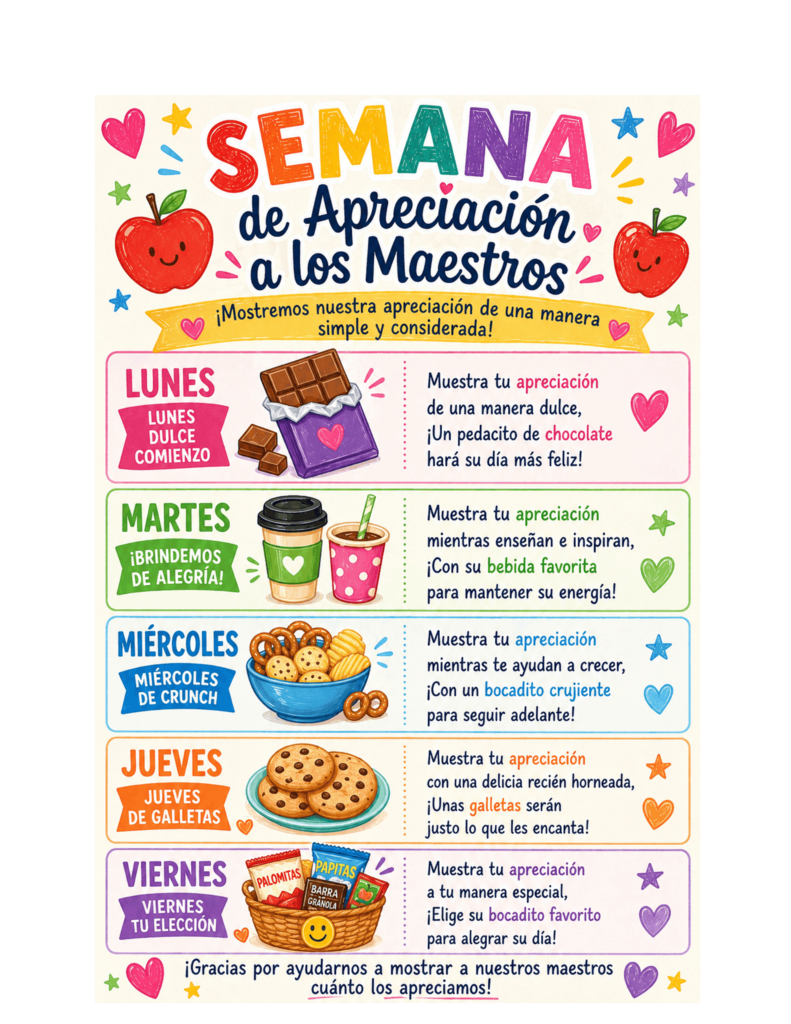 ¡SEMANA DE APRECIACIÓN A LOS MAESTROS! ¡Mostremos nuestro agradecimiento de una manera simple y significativa!  LUNES Dulce Inicio Lunes Muestra tu agradecimiento de una forma dulce, ¡Un pedazo de chocolate alegrará su día!  MARTES ¡A Beber, Hurra! Muestra tu agradecimiento mientras enseñan e inspiran, ¡Con una bebida favorita para mantener su energía!  MIÉRCOLES Miércoles Crujiente Muestra tu agradecimiento mientras te ayudan a crecer, ¡Con un bocadillo crujiente para que sigan en marcha!  JUEVES Jueves de Galletas Muestra tu agradecimiento con un detalle recién horneado, ¡Un par de galletas será perfecto!  VIERNES Viernes a Tu Elección Muestra tu agradecimiento a tu manera especial, ¡Elige el favorito de tu maestro para alegrar su día!  ¡Gracias por ayudarnos a mostrar a nuestros maestros cuánto los apreciamos!