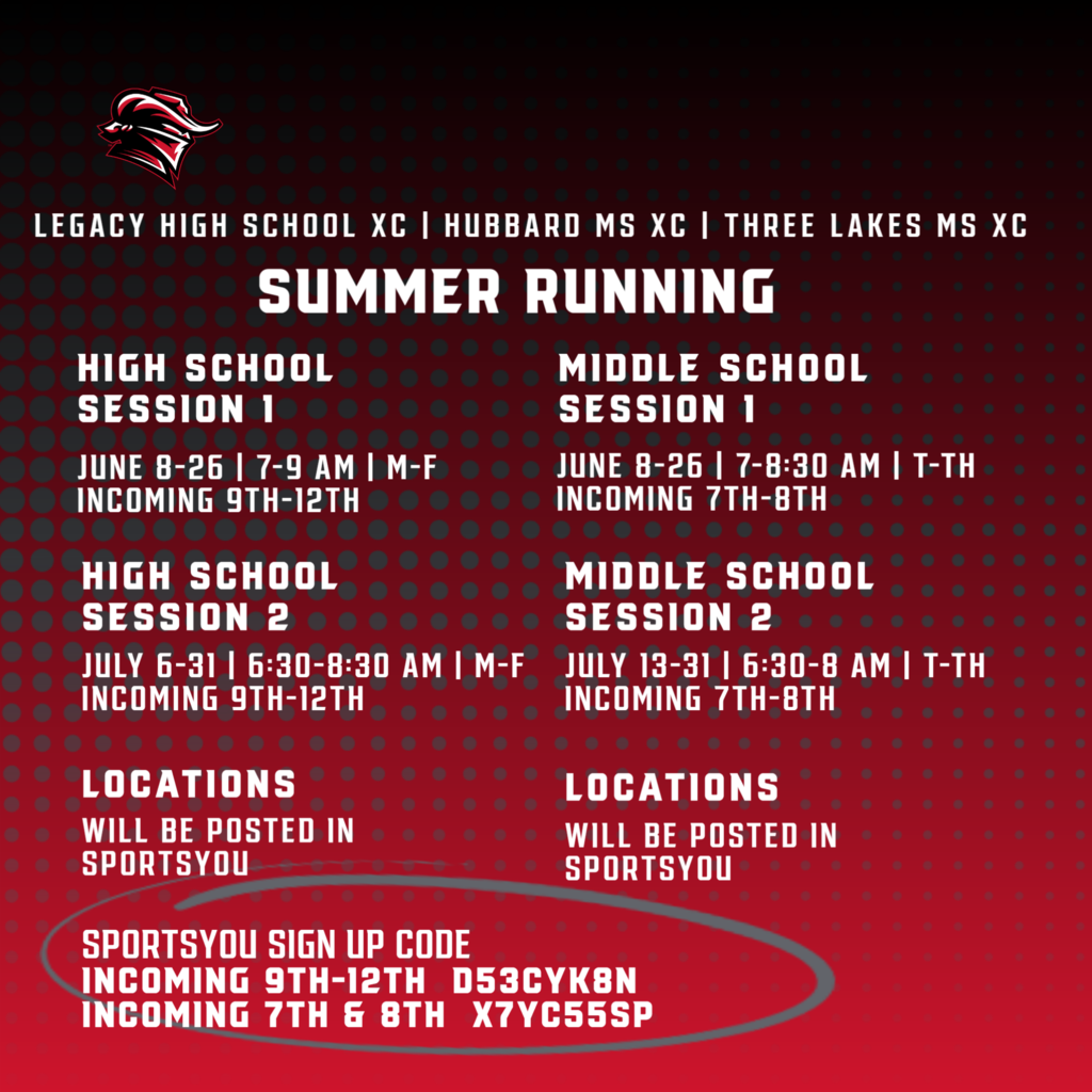 Legacy HS Hubbard Three Lakes XC Summer Running Schedule