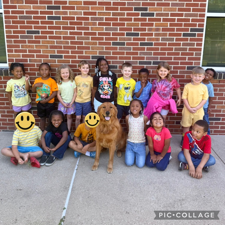 Students sitting on the sidewalk with a golden retriever