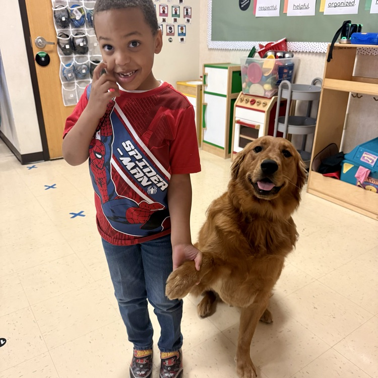 student sitting with golden retriever