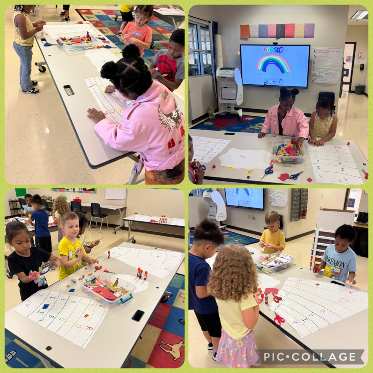 students working on a rainbow mural scrap paper project