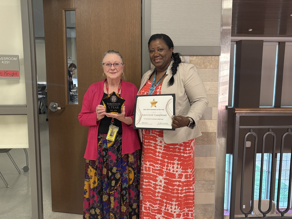 District sub of the year, Karen Youngblood, with a district rep and her award