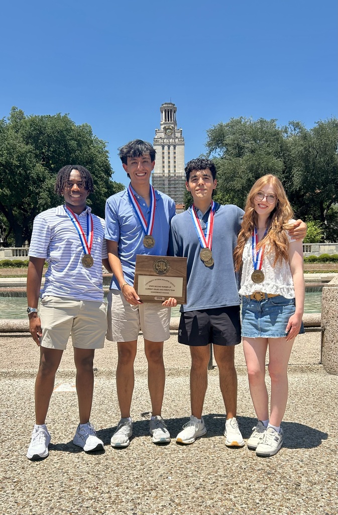 The Tyler Legacy UIL Current Issues & Events Team was proud to get to compete at the UIL State Academic Meet this week at The University of Texas at Austin. Individually, Max Morales won 4th place and together with his teammates, Myron Sinville, Marcos Vargas, & Kyle Yates, the team won THIRD PLACE IN STATE in division 6A. They are coached by Kristi Braley. Red Raiders REPRESENT!