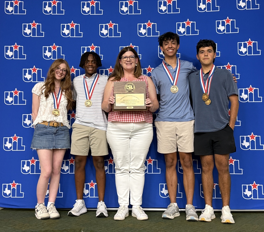 The Tyler Legacy UIL Current Issues & Events Team was proud to get to compete at the UIL State Academic Meet this week at The University of Texas at Austin. Individually, Max Morales won 4th place and together with his teammates, Myron Sinville, Marcos Vargas, & Kyle Yates, the team won THIRD PLACE IN STATE in division 6A. They are coached by Kristi Braley. Red Raiders REPRESENT!