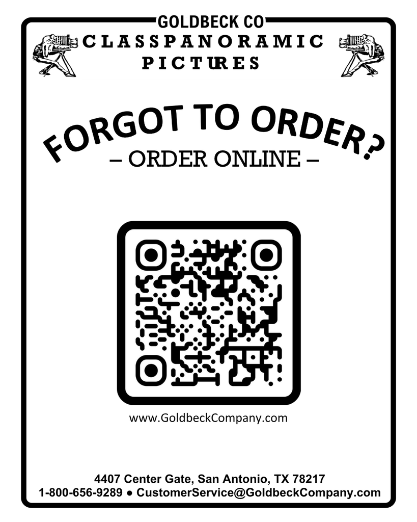 "GoldBeck Co Class Panoramic Pictures Forgot to order? Order Online QR Code www.GoldbeckCompany.com