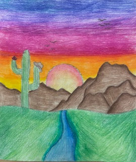 Drawing of a landscape with a cactus and sunset over hills and a road. The sky transitions from blue to pink.