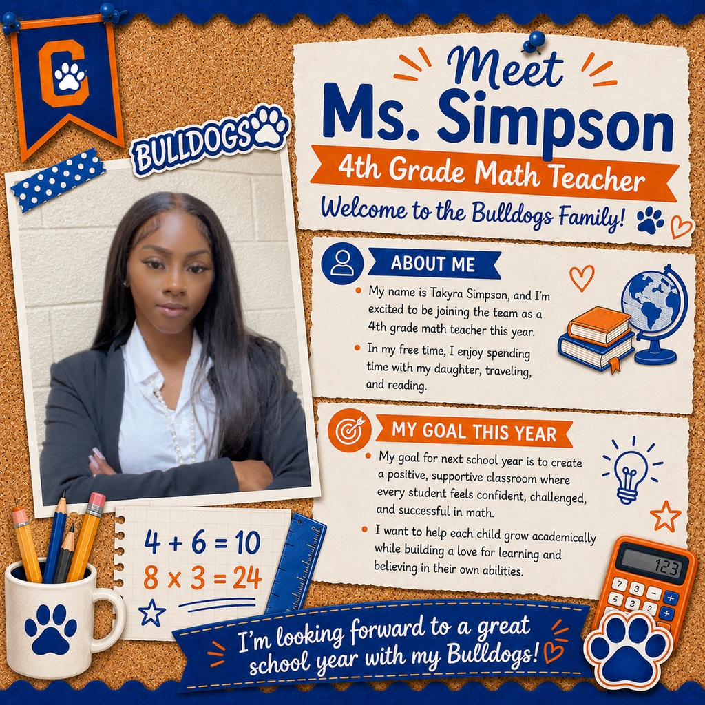 A bulletin board displays a teacher's profile, featuring a photo, name, and educational goals. Background includes a paw print, calculator, and pencils.