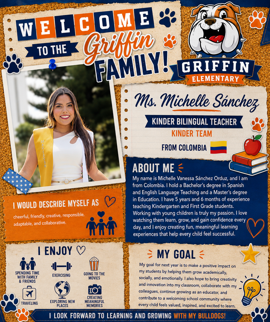 A poster includes a photo of a woman, text about Ms. Michelle Sanchez, and details about her role as a kindergarten bilingual teacher.