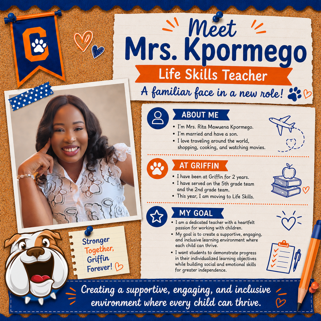 Poster displaying photo of smiling woman, a dog, and blue background. Text reads "Meet Ms. Kpormego, Life Skills Teacher".