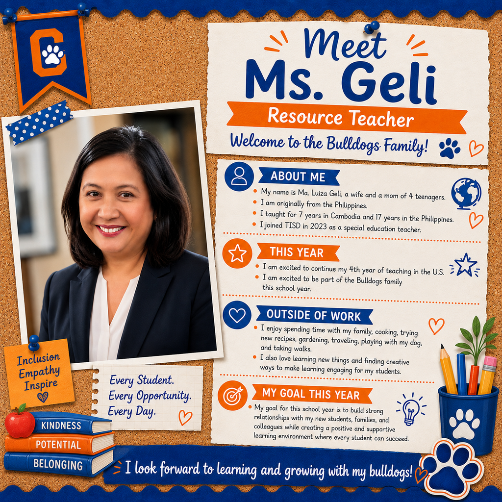 A bulletin board displays a teacher's photo, name, background, and achievements. A smiling woman, Ms. Geli, is a resource teacher.