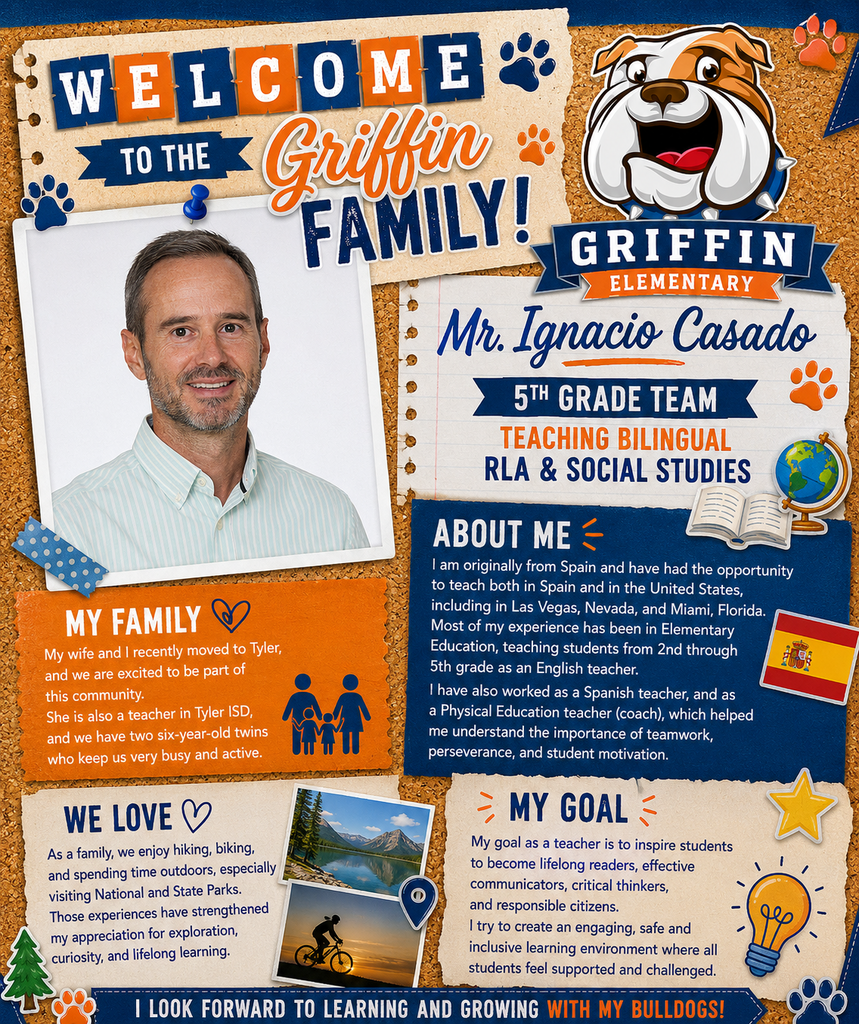 A poster introduces Mr. Ignacio Casado. Photo of him. Family section with wife and two children. Loves hiking and biking.
